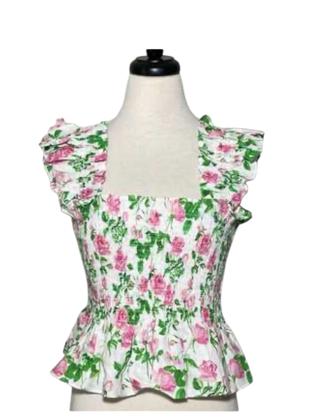 Hill House Paz Top in a pink roses floral print with ruffle strap details.